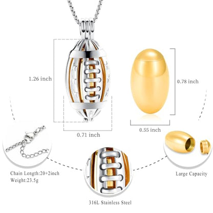 Oinsi American Football Cremation Locket Necklace For Ashes Of Loved Ones Stainless Steel Memorial Urn Jewelry Women Men Keepsake Fashion Necklace - color: Silver-Gold