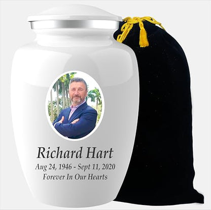 Personalized Photo Cremation Urns for Adult Ashes Male Female - 200lbs Custom Photo Burial Urns for Human Ashes - Engraved Handcrafted Funeral Decorative Urns for Adult with Velvet Bag,White