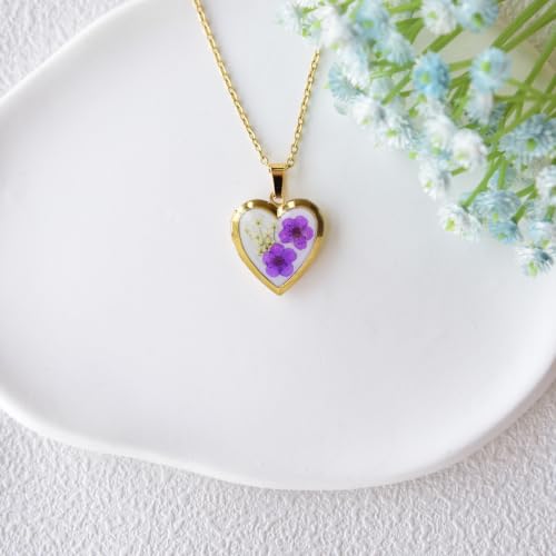 Heart Locket Necklace That Holds Pictures Pressed Flower Photo Locket Pendant Necklace for Girl Women Gift for Her - style: Gold-Purple Forget me not