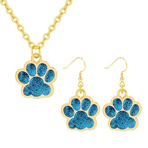 Dreuyet Paw Necklace and Earrings Set for Women Glitter Cute Dog Cat Pet Paw Print Pendant Necklace Earrings Lovely Animal Charm Jewelry Set Gifts - color: Gold Light Blue