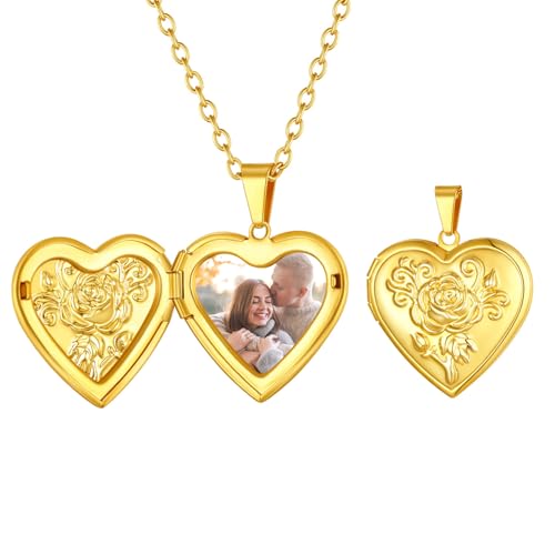 FindChic Locket Necklace for Women Custom Photo Memorial Gifts Multi-Shaped | Silver/Black/Rose Gold/Gold Plated Personalized Gifts for Loved Ones, Birthday Valentine's Day Keepsake - color: Gold-Embossed Heart