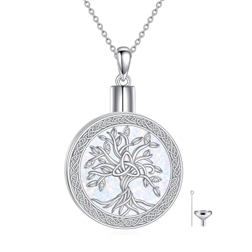 Diamond Tree of Life Urn Necklace for Ashes 925 Sterling Silver Family Tree of Life Cremation with Funnel Filler Ash Holder Keepsake Memorial Jewelry Gifts for Women,18+2 inch - style: Style 3-Opal