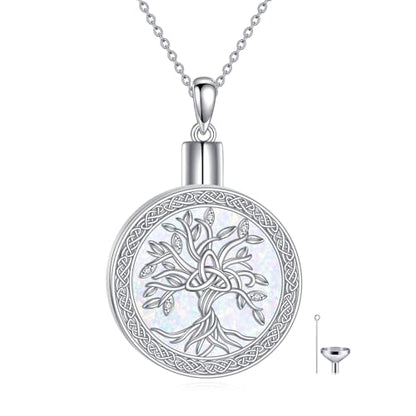 Diamond Tree of Life Urn Necklace for Ashes 925 Sterling Silver Family Tree of Life Cremation with Funnel Filler Ash Holder Keepsake Memorial Jewelry Gifts for Women,18+2 inch - style: Style 3-Opal