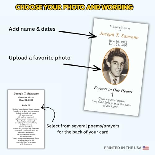 Copy King Custom Prayer Cards for Funerals - Funeral Memorial Card with Personalized Photo - 50 Cards