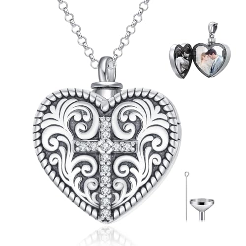Personalized Heart Urn Locket Necklace for Ashes and Pictures 925 Sterling Silver Customized Locket Cremation Necklace for Ashes Memorial Keepsake Jewelry for Women - color: Cross Urn Locket, style: No Custom