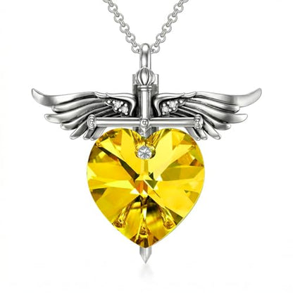 SOULMEET Memorial Wings Necklace for Ashes with Large Heart Crystal Birthstone, Angel Wings Urn Necklaces with Heart Shaped Birthstone Keepsake Silver Cremation Jewelry - style: K-November