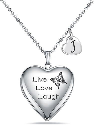 MUERDOU Butterfly Locket Necklace that Holds Pictures Initial Alphabet Letter Heart Shaped Photo Memory Locket Pendant Necklace - style: J