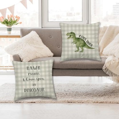 Dibor Green Dinosaur Boy Nursery Throw Pillow Covers 18x18 Set of 2 - color: Dude