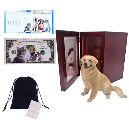 Pet Urns for Dogs with Photo Frame, Dog Urns for Ashes Wooden Red Box, Cat Urns for Ashes Keepsake, Small Pet Urn Memorial Set with Golden Retriever Figurine - color: Yellow