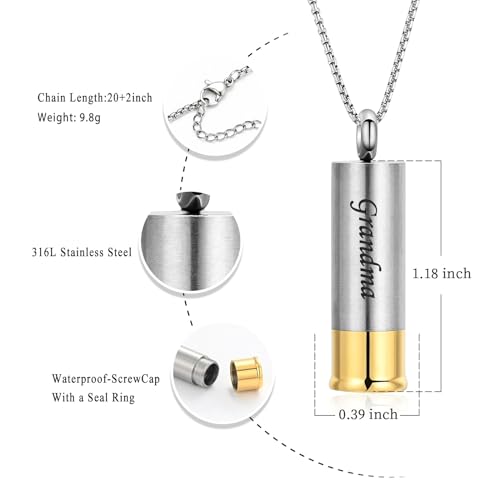 Oinsi Shotgun Shell Cremation Jewelry Urn Necklace For Ashes Of Loved Ones -Dad/Mom/Son/Grandma/Grandpa Cylinder Memorial Locket Pendant Necklace - color: Grandma