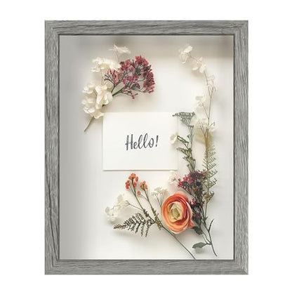 FrameWorks 11x14 Driftwood Wooden Shadow Box Frame – Soft Felt Back, Tempered Glass, and Included Elegant White Ball Push Pins - color: Grey, size: 11"x14"