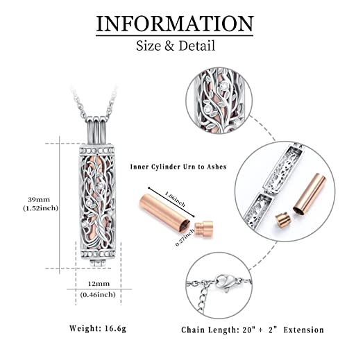 shajwo Cylinder Cremation Jewelry Tree of Life Urn Ashes Necklace for Women Men Vial Cremation Ash Pendant Loved One Memorial Jewelry - color: Rose Gold