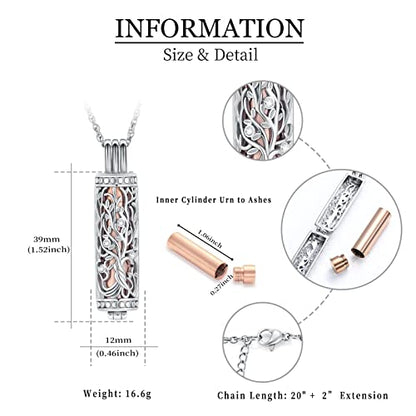 shajwo Cylinder Cremation Jewelry Tree of Life Urn Ashes Necklace for Women Men Vial Cremation Ash Pendant Loved One Memorial Jewelry - color: Rose Gold