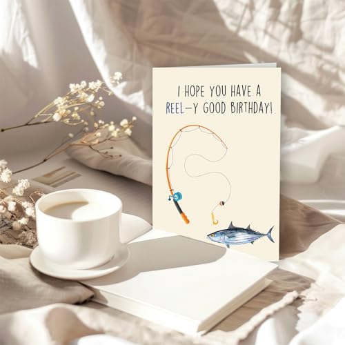 Funny Fishing Birthday Gift for Him Her, Fishing Pun Card for Men Women | Funny Birthday Card for Fishing Lovers, “REEL-y Good Birthday” Greeting Card with Envelope - color: New WY-238