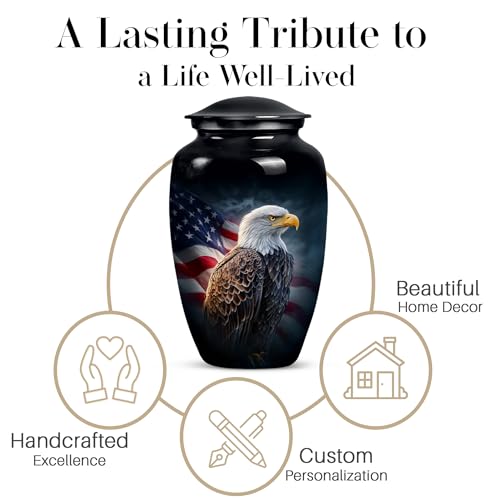 American Flag Eagle Urn for Ashes Adult Male, Patriotic Funeral Urns for Human Ashes Adult Female, Black Military Urn for Ash Mom & Dad (Large, 10 Inch) - color: Patriotic American Flag Eagle