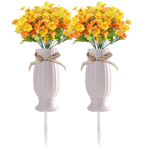 2 Pcs Cemetery Vases with Spikes,Grave Vases for Cemetery with Metal Spikes and Drainage Holes,Grave Flower Holder for Headstones Memorial Gifts Loss of Loved One - color: White