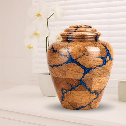 Wooden Cremation Urn for Human Ashes Adult Male Urn for Ashes for Women and Man, Adult Size Decorative urn. Burial and Funeral Urn Large 200 Cu in Resin Inlay. - size: Large 200 Cu In Blue Fractal
