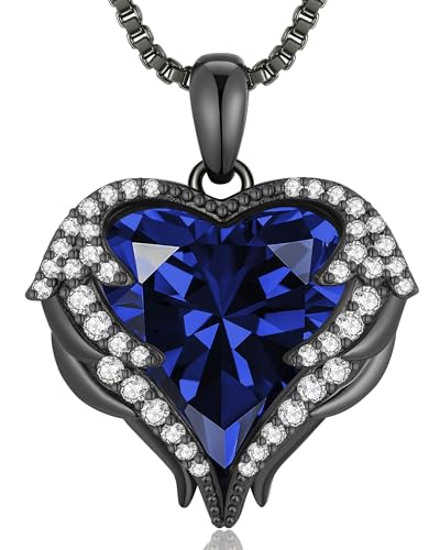 CDE Angel Wings Heart Birthstone Pendant Necklace Gift for Women | Silver/Gold Tone,Ideal Birthday & Anniversary Jewelry Gift for Wife,Girlfriend,Her - color: Black-09-Sept-Spahhire Blue Birthstone