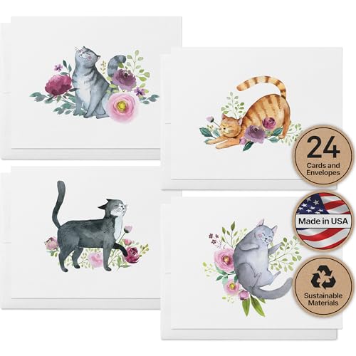 Twigs Paper Cat Thank You Cards, Set of 24 Blank Cat Stationery Note Cards | Matching envelopes included, hand-illustrated art, for nature & animal lovers, thinking of you - color: Playful Cats, size: 24-Count