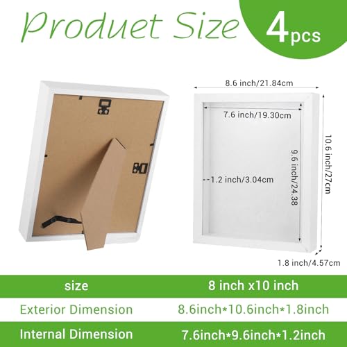 4 Pack 8"x 10" Shadow Boxes Frame Display Cases Wood Deep Shadow Box for Photos, Dried Flowers, Handicrafts Picture Frames for Wall Tabletop (White)