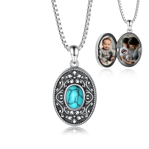 925 Sterling Silver Oval Turquoise Lockets Pendant that Holds Pictures Vintage Jewelry Memorial Gifts for Women - style: Flower