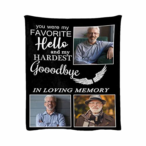 LOSARON Custom Memorial Blanket You were My Favorite Hello My Hardest Goodbye Wings Personalized Photo Collection Blanket in Memory of Loved One Gifts Memorial Gifts for Loss of Grandma Dad Mom