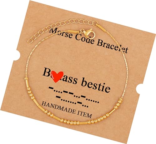 Morse Code Bracelets for Women, Gold Silver Stainless Steel Beads Bracelets - style: B*d*ss bestie-Gold