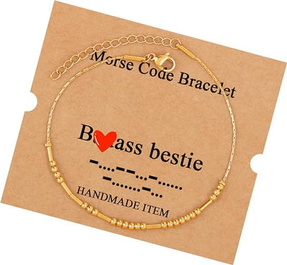 Morse Code Bracelets for Women, Gold Silver Stainless Steel Beads Bracelets - style: B*d*ss bestie-Gold