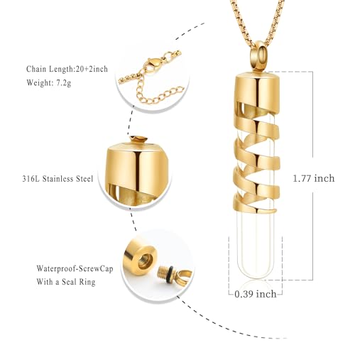 Oinsi Clear Glass Tube Cremation Urn Jewelry Ashes Holder Necklace Keepsake Memorial Pendant Including Box/Fill Kits - color: Gold1