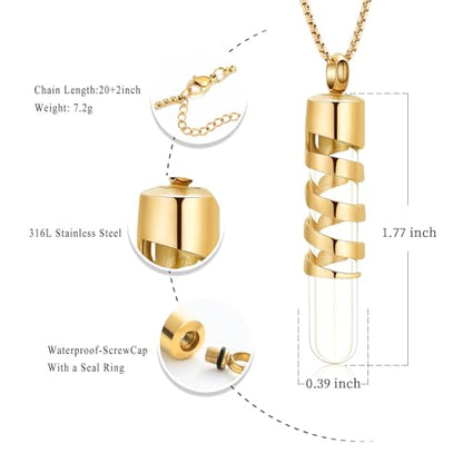 Oinsi Clear Glass Tube Cremation Urn Jewelry Ashes Holder Necklace Keepsake Memorial Pendant Including Box/Fill Kits - color: Gold1