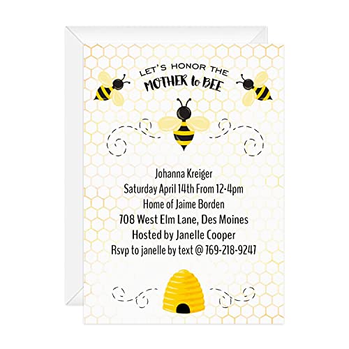 Canopy Street Mother To Bee Personalized Baby Shower Invites / 25 Flat DIY Mother To Be Invite Cards With White Envelopes / 5" x 7" Honeybee Custom Gender Reveal Party Invitations - color: Personalized Bee
