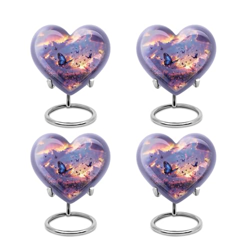 Heart Butterflies Urn for Human Ashes | Purple 3-Inch Mini Heart Keepsake Urns, Set of 4 - color: Purple Butterfly Heart, size: 3 Inch - Pack of 4