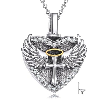 Family Members Urn Necklace for Ashes 925 Sterling Silver Angel Wings Heart Cremation Memorial Keepsake Pendant Jewelry for Loved One's Ashes, with 18" + 2" Stainless Steel Chain - style: Heart-Cross
