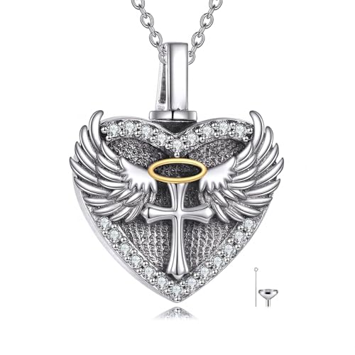 Family Members Urn Necklace for Ashes 925 Sterling Silver Angel Wings Heart Cremation Memorial Keepsake Pendant Jewelry for Loved One's Ashes, with 18" + 2" Stainless Steel Chain - style: Heart-Cross