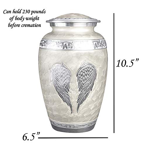 White Angel Wings Funeral Cremation Urn with Matching Keepsake, Velvet Bag and Personalization (Pearl White, Large) - color: Pearl White, size: Large
