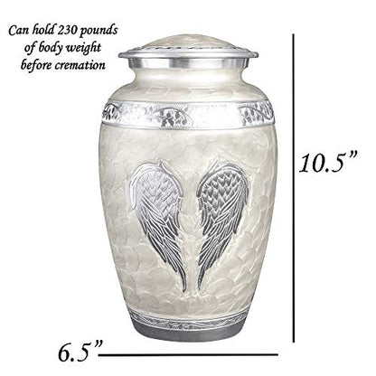 White Angel Wings Funeral Cremation Urn with Matching Keepsake, Velvet Bag and Personalization (Pearl White, Large) - color: Pearl White, size: Large