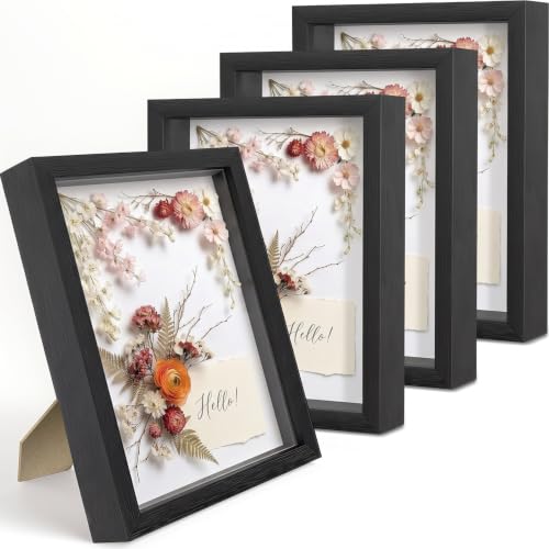 4 Pack Shadow Box Frame Display Cases, 8"x 10" Wood Deep Black Handicrafts Shadowbox for Flowers Jersey Wedding (Black) - color: Black