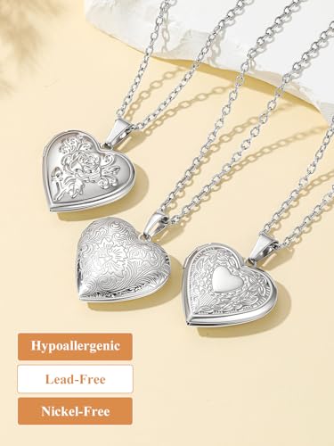 Custom4U Personalized Heart Locket Necklace with Pictures,Sunflower/Angel Wings/Heart Shaped Lockets Custom Photo,Gold/Rose Gold/White Lockets That Holds Picture,Customized Memorial Jewelry for Women - color: C-Heart-Steel(Locket Only)