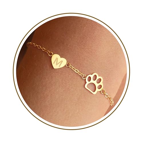 Dog Memorial Gifts for Loss of Dog Paw Initial Bracelet for Women with Heart Dogs Mom Gifts Adjustable Pet Paw Gold Bracelets for Women Memorial Gift for Pet Lover Birthday Jewelry - style: M