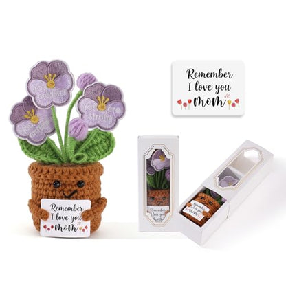 Crochet Flower Pot with Embroidered Petals - Cute Remember I Love You Mom Gifts for Mother's Day Birthday - Mini Handmade Flower Pansy Pot Doll Gift for Moms, Mother, Mama, Grandma - color: Mom