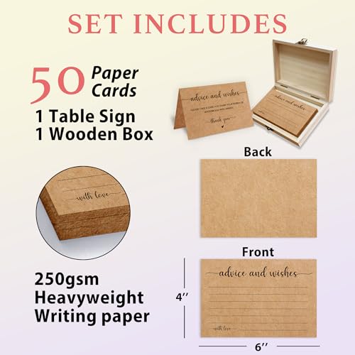 Advice and Wishes Cards Box, 50 Pcs Birthday Wedding Baby Shower Advice Cards, Well Wishes Box for Birthday Party Graduation Bridal Shower Retirement Party, Anniversary(Minimalism) -A07 - color: Kraft Paper, size: Set with Wooden Box