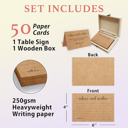 Advice and Wishes Cards Box, 50 Pcs Birthday Wedding Baby Shower Advice Cards, Well Wishes Box for Birthday Party Graduation Bridal Shower Retirement Party, Anniversary(Minimalism) -A07 - color: Kraft Paper, size: Set with Wooden Box