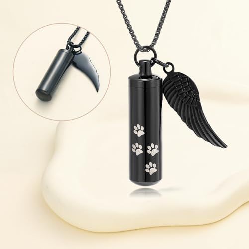 Cylinder Cremation Jewelry Urn Necklace Pet Ashes Pet Paw Memorial Ashes Necklace with Angel Wing for Dog/Cat Keepsake Jewelry for Men Women - color: Black（Medium）