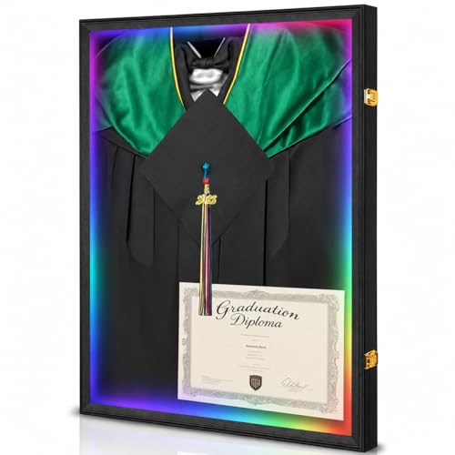 Cap and Gown Shadow Box,Lighting Wall-Mounted Display Stand, Black | Matte black wood frame, dustproof acrylic panel, lockable wall mount case, displays graduation gown,as commemorative gift - size: Large - Black - with LED