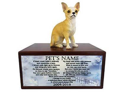Conversation Concepts Beautiful Paulownia Small Wooden Urn with White & Tan Chihuahua Figurine & Personalized Poem If Tears Could Build A Stairway - color: Tan and White Chihuahua "Stairway to Heaven"