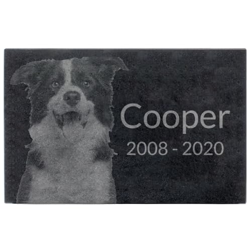 Black Granite Memorial Headstone for Lost Loved Ones, Dogs, Cats, and Family Pets. " Great for Your Garden, Tree Dedication, or in a Cemetery. Includes your personal photo and text. (14 x 9 x 2") | Includes photo and text for lost loved ones, dogs, cats,