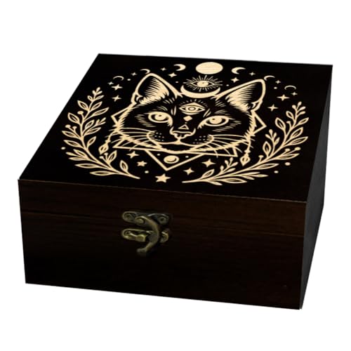 arricraft 1 Pc Divination Theme Wooden Keepsake Storage Box, Cat Head Mystical Eye Laurel Leaves Pattern Square Souvenir Box for Anniversary Jewelry Picture Letter Storage (4.72x4.72x2.37 Inch)