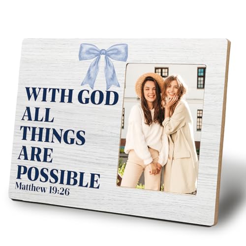 Coquette Blue Bow Christian Picture Frame 4x6, with God All Things Are Possible Inspirational Christian Gifts for Woman, Inspirational Wall and Tabletop Display Picture Photo Frames for Girls Bedroom - color: Coquette Blue Bow
