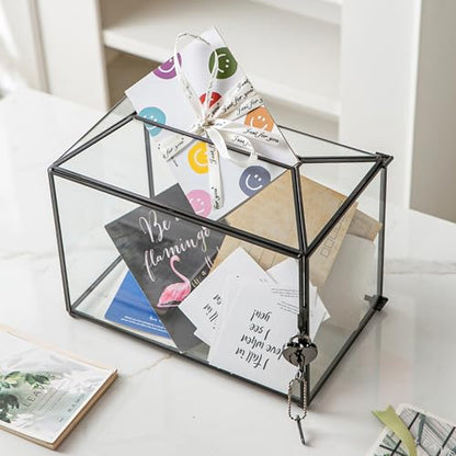 Wedding Glass Card Box with Slot and Lock, 10.2 x 6 x 8 Inch, Small Black Geometric Cards Holder for Birthdays Party Reception, Wishing Well - Slot Length 6.3'' (Glass Box Only) - color: C-Small Black Card Box 10.2''