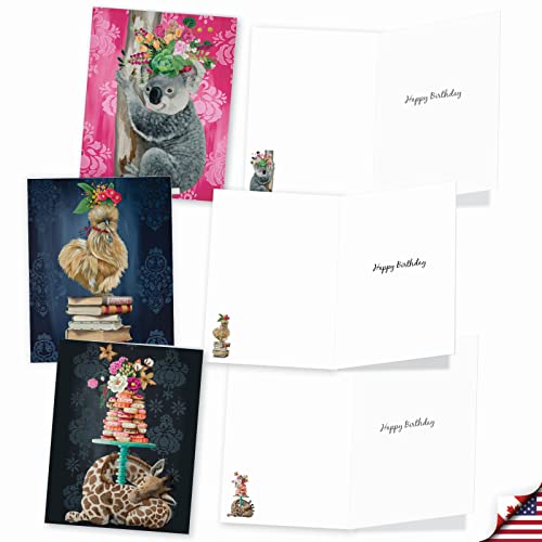 The Best Card Company 20 Assorted Birthday Notes Box Set 4 x 5.12 Inch with Envelopes (10 Designs, 2 Each) Fancy Wildlife AM3364BDG-B2x10 - style: Fancy Wildlife